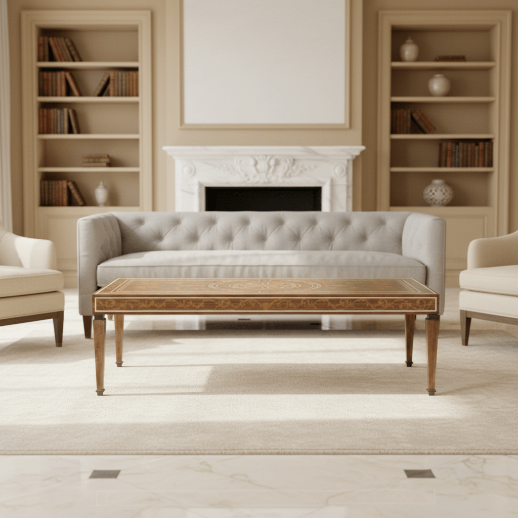Cambridge Collection - Long Rectangular Tobacco Walnut & Marquetry Coffee Table Coffee Tables| Jonathan Charles