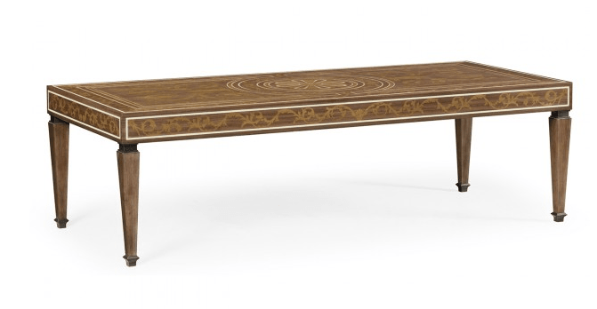 Cambridge Collection - Long Rectangular Tobacco Walnut & Marquetry Coffee Table Coffee Tables| Jonathan Charles