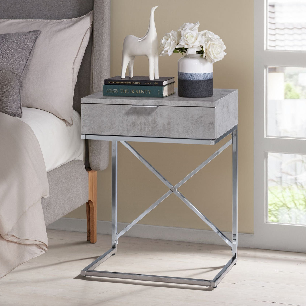 Camila Accent Nightstand with Cement Top in Chrome Nightstands| ROOTS FURNITURE