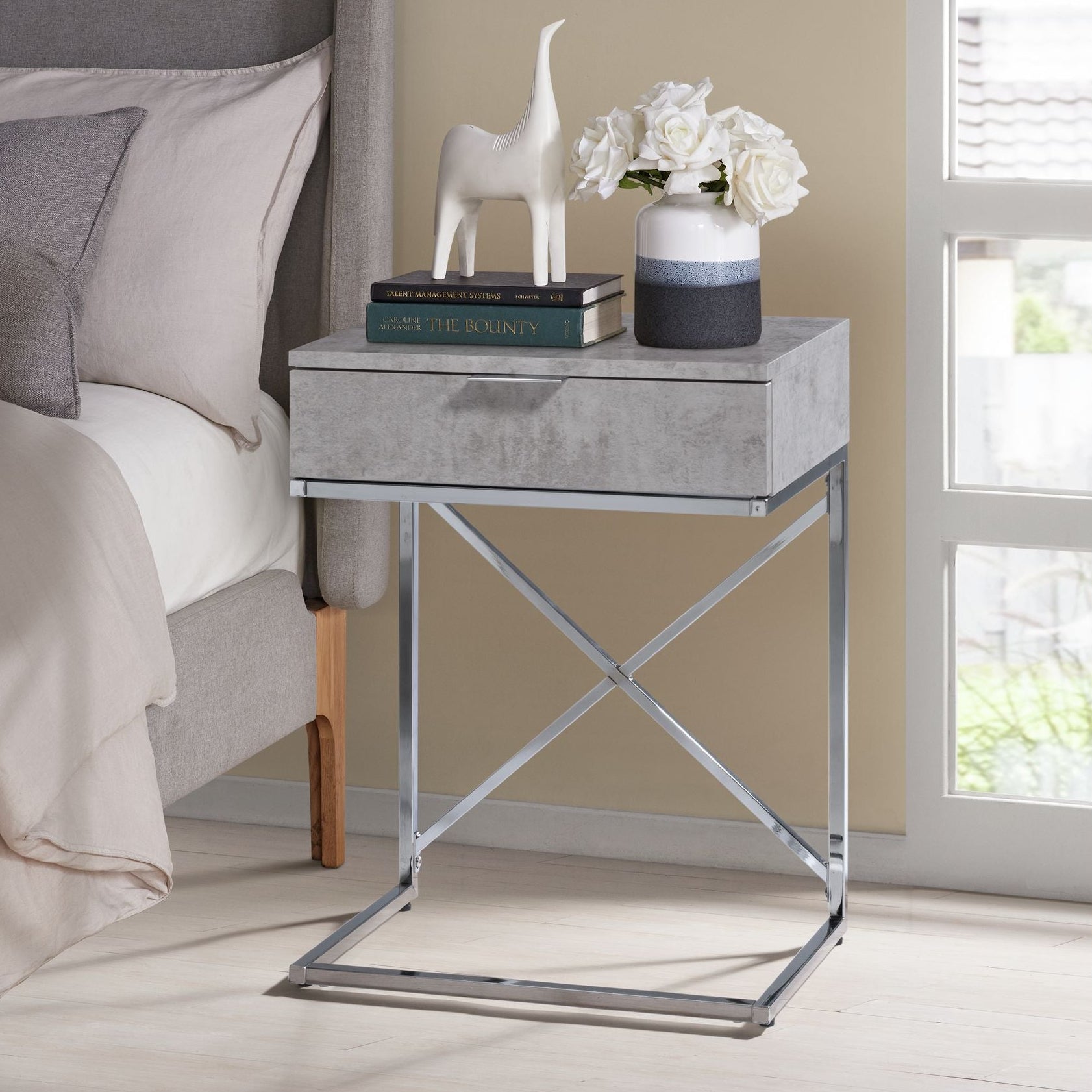 Camila Accent Nightstand with Cement Top in Chrome Nightstands| ROOTS FURNITURE