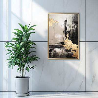 Canvas Wall Art Stretched Over Wooden Frame with Floating Frame and Black And Gold Pattern Painting CV4115 - Al Rugaib Furniture