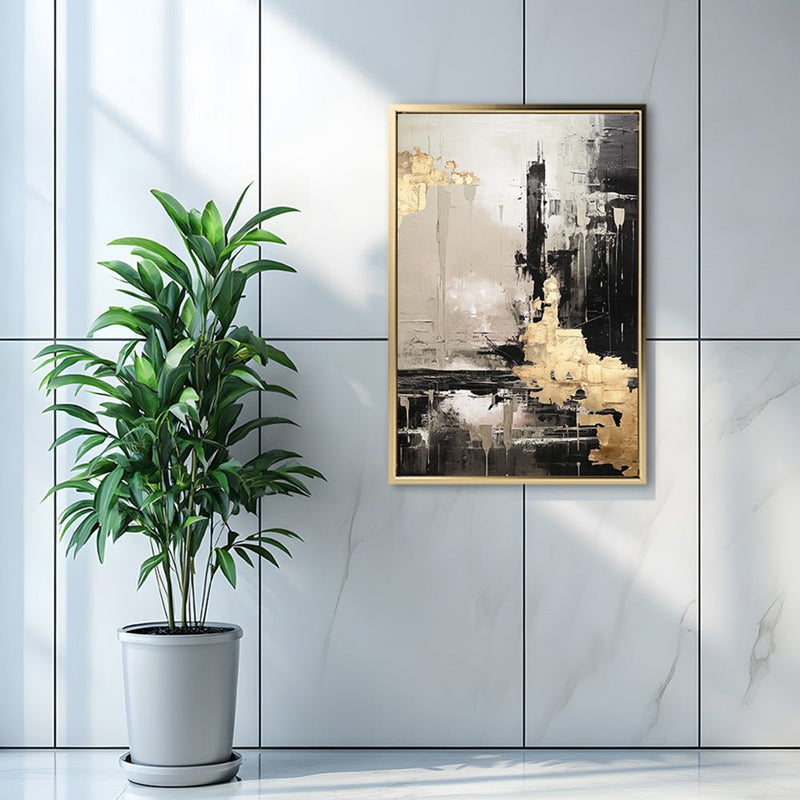 Canvas Wall Art Stretched Over Wooden Frame with Floating Frame and Black And Gold Pattern Painting CV4115 - Al Rugaib Furniture