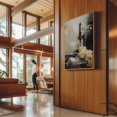 Canvas Wall Art Stretched Over Wooden Frame with Floating Frame and Black And Gold Pattern Painting CV4115 - Al Rugaib Furniture