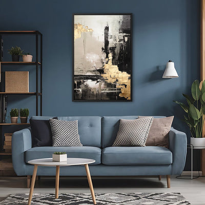 Canvas Wall Art Stretched Over Wooden Frame with Floating Frame and Black And Gold Pattern Painting CV4115 - Al Rugaib Furniture