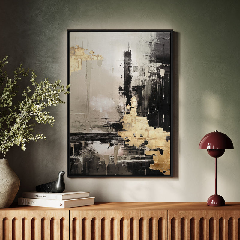 Canvas Wall Art Stretched Over Wooden Frame with Floating Frame and Black And Gold Pattern Painting CV4115 - Al Rugaib Furniture