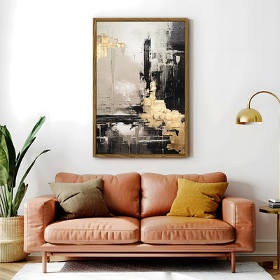 Canvas Wall Art Stretched Over Wooden Frame with Floating Frame and Black And Gold Pattern Painting CV4115 - Al Rugaib Furniture