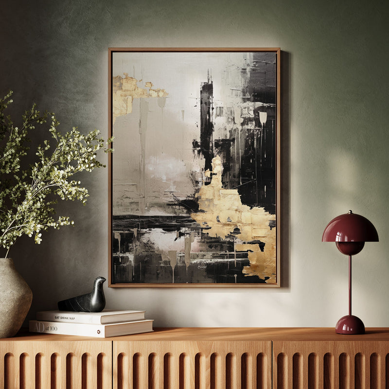 Canvas Wall Art Stretched Over Wooden Frame with Floating Frame and Black And Gold Pattern Painting CV4115 - Al Rugaib Furniture