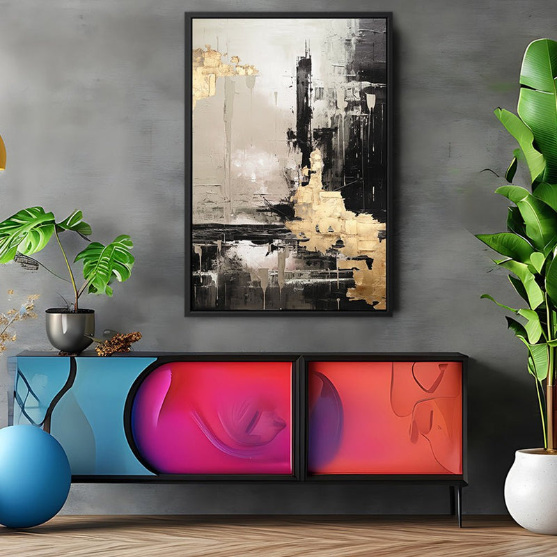 Canvas Wall Art Stretched Over Wooden Frame with Floating Frame and Black And Gold Pattern Painting CV4115 - Al Rugaib Furniture