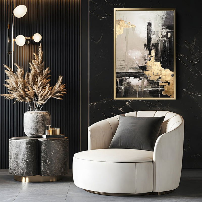 Canvas Wall Art Stretched Over Wooden Frame with Floating Frame and Black And Gold Pattern Painting CV4115 - Al Rugaib Furniture