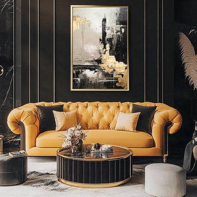 Canvas Wall Art Stretched Over Wooden Frame with Floating Frame and Black And Gold Pattern Painting CV4115 - Al Rugaib Furniture