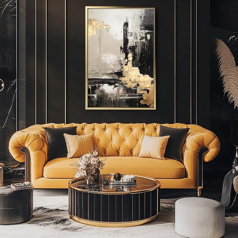 Canvas Wall Art Stretched Over Wooden Frame with Floating Frame and Black And Gold Pattern Painting CV4115 - Al Rugaib Furniture