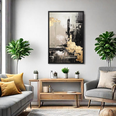 Canvas Wall Art Stretched Over Wooden Frame with Floating Frame and Black And Gold Pattern Painting CV4115 - Al Rugaib Furniture