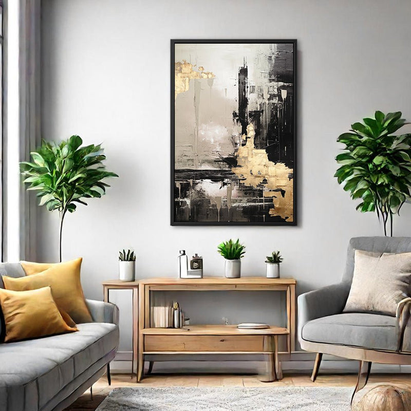 Canvas Wall Art Stretched Over Wooden Frame with Floating Frame and Black And Gold Pattern Painting CV4115 - Al Rugaib Furniture