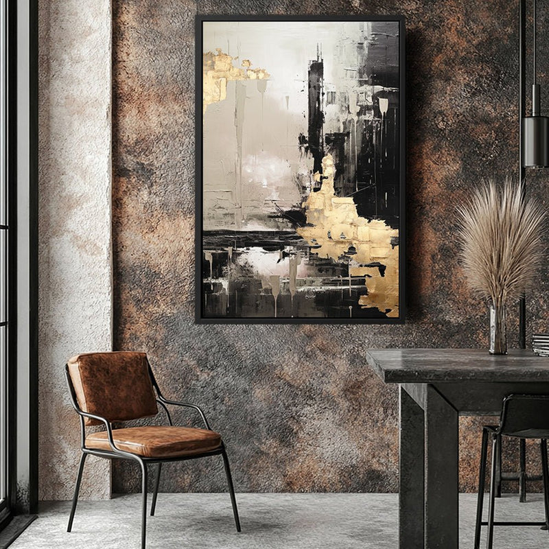 Canvas Wall Art Stretched Over Wooden Frame with Floating Frame and Black And Gold Pattern Painting CV4115 - Al Rugaib Furniture