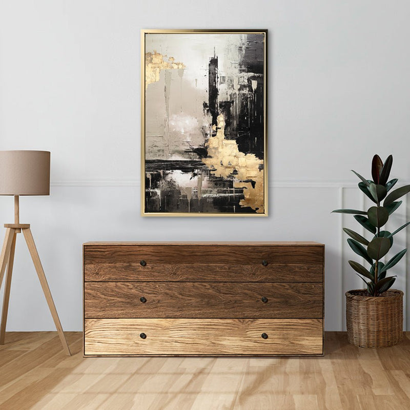 Canvas Wall Art Stretched Over Wooden Frame with Floating Frame and Black And Gold Pattern Painting CV4115 - Al Rugaib Furniture