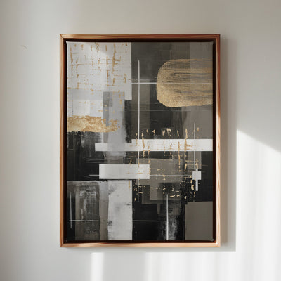 Canvas Wall Art Stretched Over Wooden Frame with Floating Frame and Black And Gold Shapes Painting CV4116 - Al Rugaib Furniture