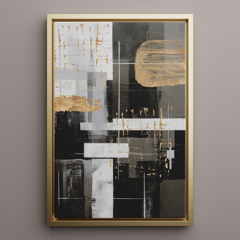 Canvas Wall Art Stretched Over Wooden Frame with Floating Frame and Black And Gold Shapes Painting CV4116 - Al Rugaib Furniture