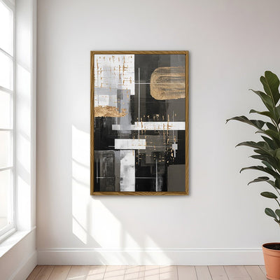 Canvas Wall Art Stretched Over Wooden Frame with Floating Frame and Black And Gold Shapes Painting CV4116 - Al Rugaib Furniture
