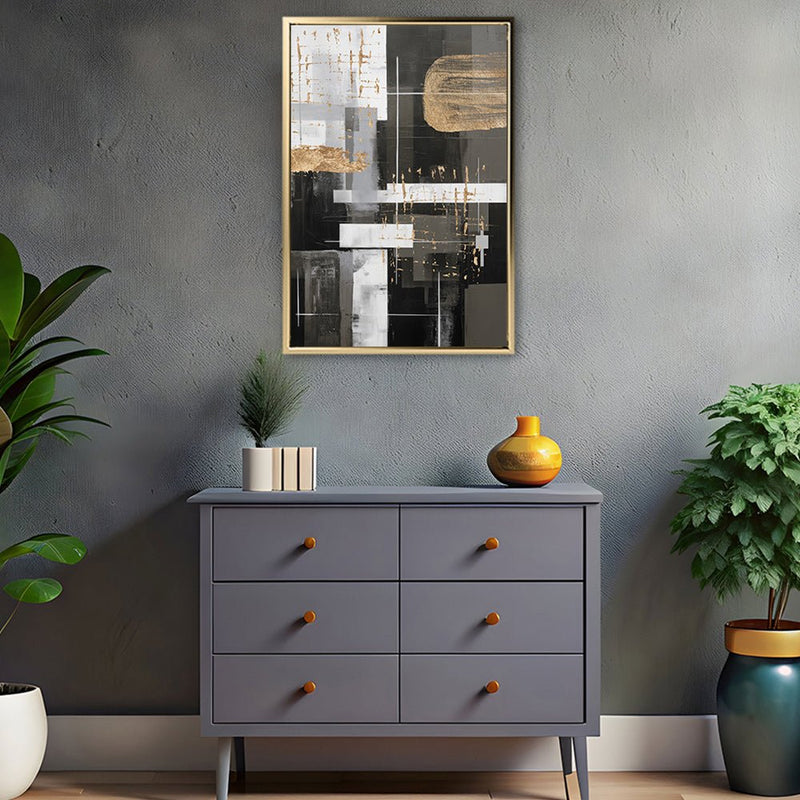 Canvas Wall Art Stretched Over Wooden Frame with Floating Frame and Black And Gold Shapes Painting CV4116 - Al Rugaib Furniture