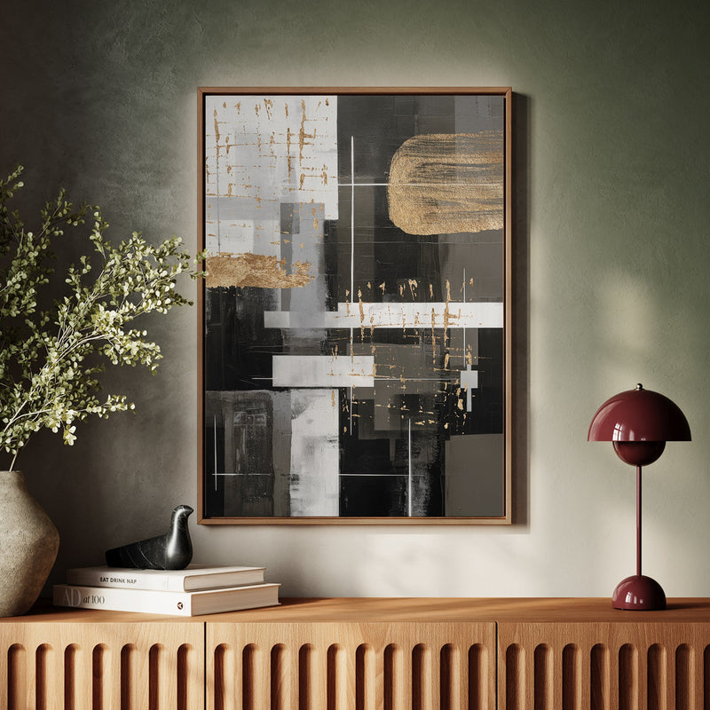 Canvas Wall Art Stretched Over Wooden Frame with Floating Frame and Black And Gold Shapes Painting CV4116 - Al Rugaib Furniture