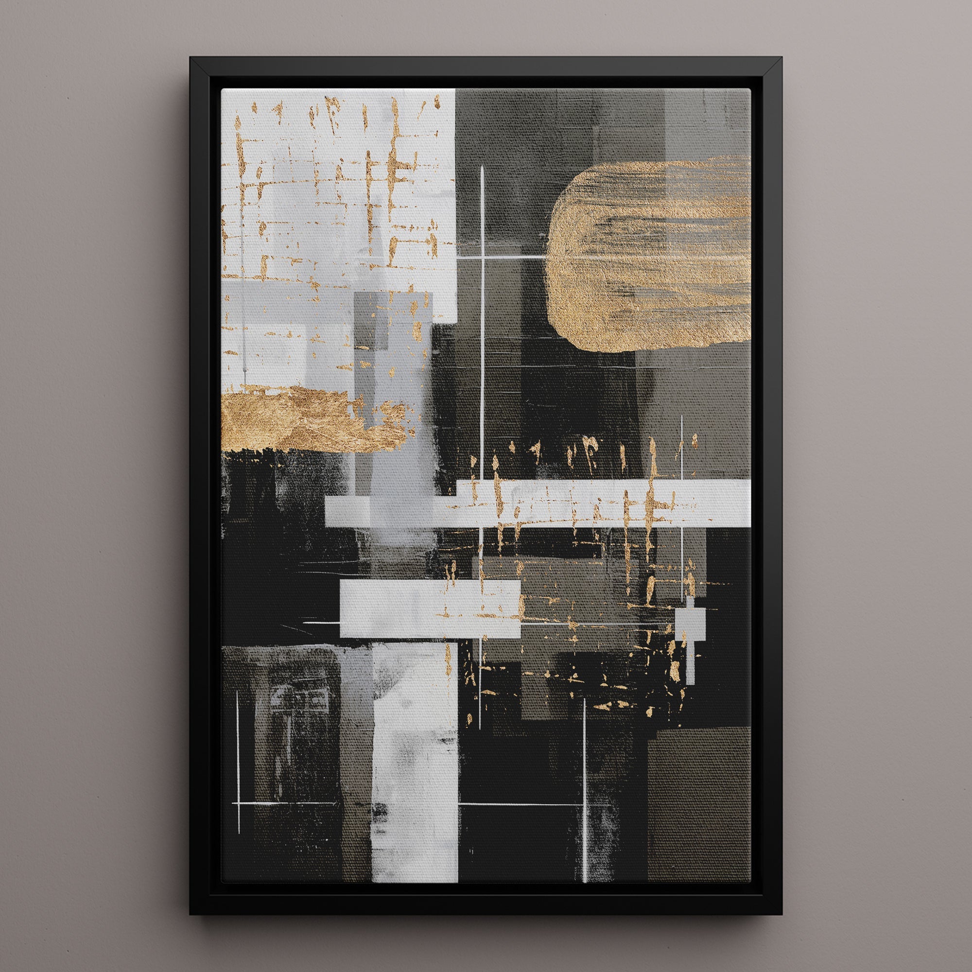 Canvas Wall Art Stretched Over Wooden Frame with Floating Frame and Black And Gold Shapes Painting CV4116 Paintings & Pictures| LOWHA