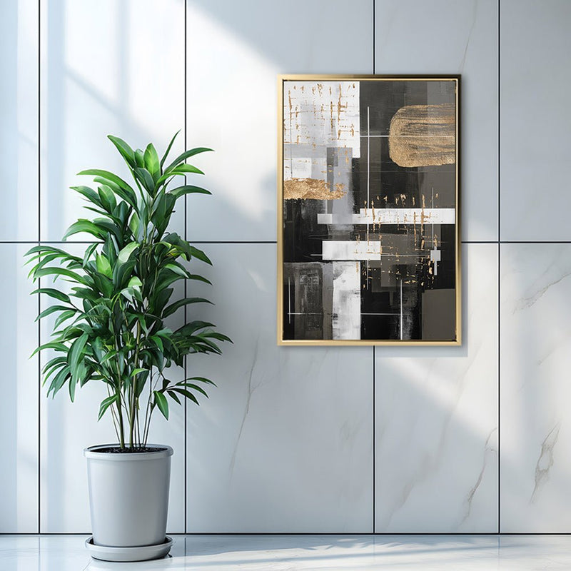 Canvas Wall Art Stretched Over Wooden Frame with Floating Frame and Black And Gold Shapes Painting CV4116 - Al Rugaib Furniture