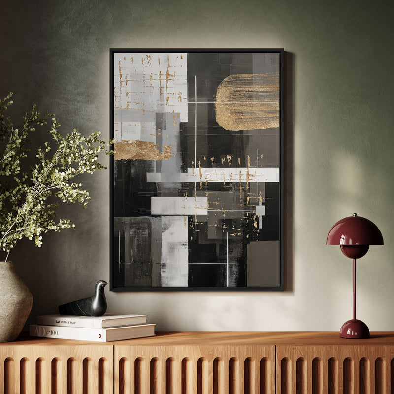 Canvas Wall Art Stretched Over Wooden Frame with Floating Frame and Black And Gold Shapes Painting CV4116 - Al Rugaib Furniture
