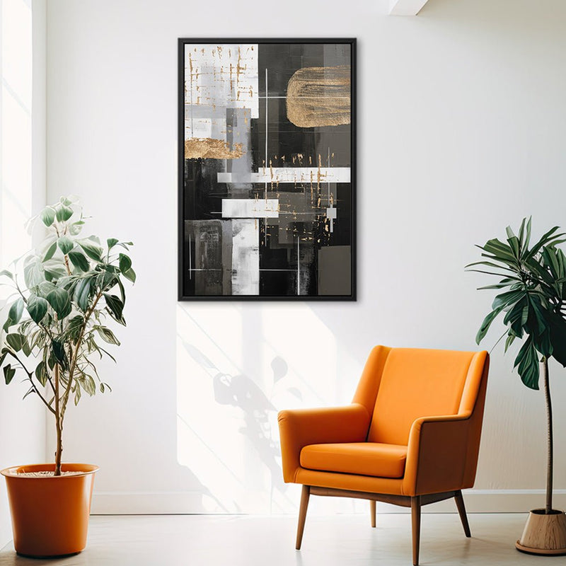 Canvas Wall Art Stretched Over Wooden Frame with Floating Frame and Black And Gold Shapes Painting CV4116 - Al Rugaib Furniture
