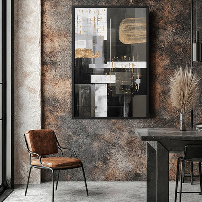 Canvas Wall Art Stretched Over Wooden Frame with Floating Frame and Black And Gold Shapes Painting CV4116 - Al Rugaib Furniture