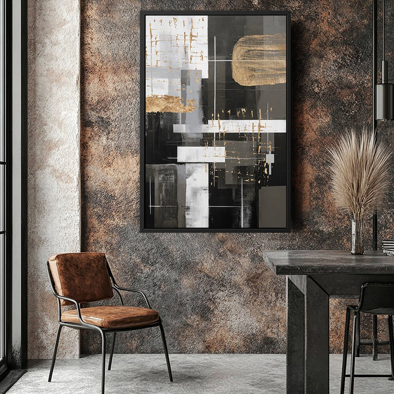 Canvas Wall Art Stretched Over Wooden Frame with Floating Frame and Black And Gold Shapes Painting CV4116 - Al Rugaib Furniture