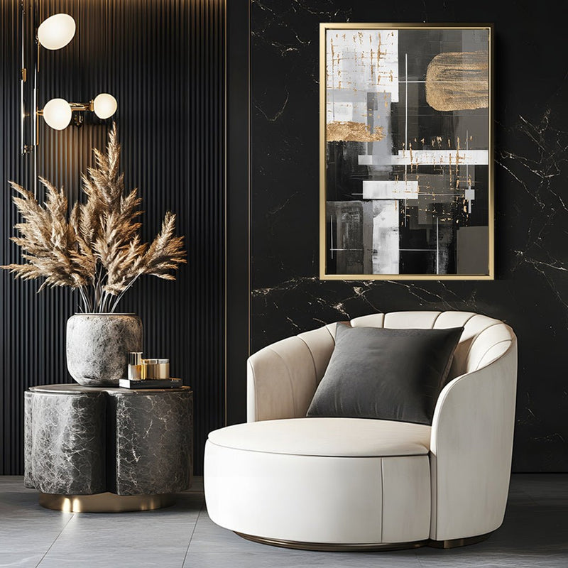 Canvas Wall Art Stretched Over Wooden Frame with Floating Frame and Black And Gold Shapes Painting CV4116 - Al Rugaib Furniture