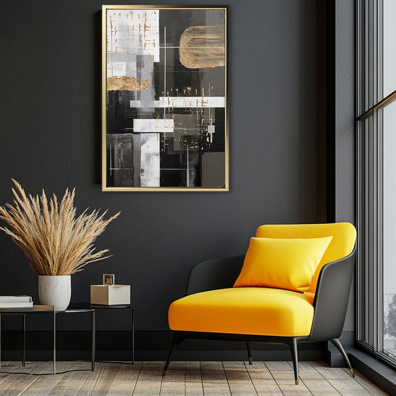 Canvas Wall Art Stretched Over Wooden Frame with Floating Frame and Black And Gold Shapes Painting CV4116 - Al Rugaib Furniture