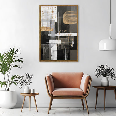 Canvas Wall Art Stretched Over Wooden Frame with Floating Frame and Black And Gold Shapes Painting CV4116 - Al Rugaib Furniture