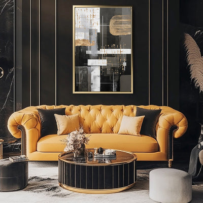 Canvas Wall Art Stretched Over Wooden Frame with Floating Frame and Black And Gold Shapes Painting CV4116 - Al Rugaib Furniture