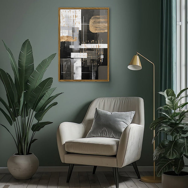 Canvas Wall Art Stretched Over Wooden Frame with Floating Frame and Black And Gold Shapes Painting CV4116 - Al Rugaib Furniture