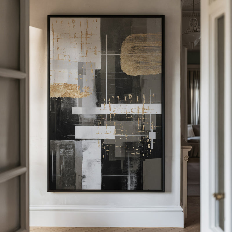 Canvas Wall Art Stretched Over Wooden Frame with Floating Frame and Black And Gold Shapes Painting CV4116 - Al Rugaib Furniture