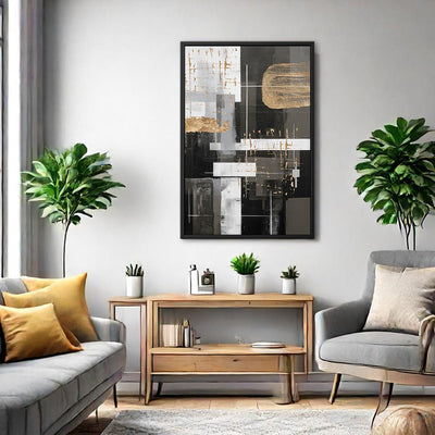 Canvas Wall Art Stretched Over Wooden Frame with Floating Frame and Black And Gold Shapes Painting CV4116 - Al Rugaib Furniture