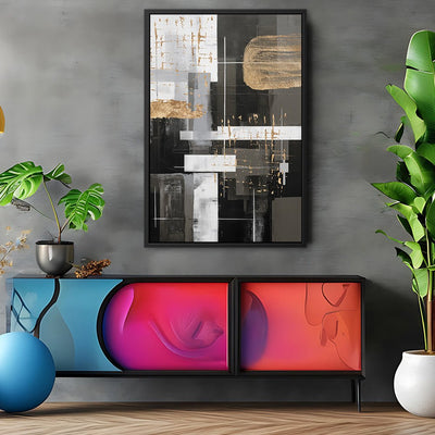 Canvas Wall Art Stretched Over Wooden Frame with Floating Frame and Black And Gold Shapes Painting CV4116 - Al Rugaib Furniture