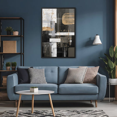 Canvas Wall Art Stretched Over Wooden Frame with Floating Frame and Black And Gold Shapes Painting CV4116 - Al Rugaib Furniture