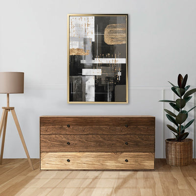 Canvas Wall Art Stretched Over Wooden Frame with Floating Frame and Black And Gold Shapes Painting CV4116 - Al Rugaib Furniture