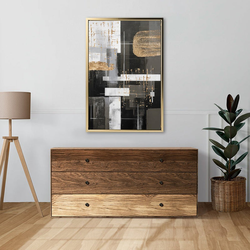 Canvas Wall Art Stretched Over Wooden Frame with Floating Frame and Black And Gold Shapes Painting CV4116 - Al Rugaib Furniture