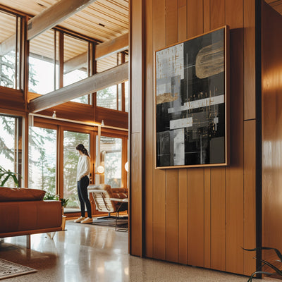 Canvas Wall Art Stretched Over Wooden Frame with Floating Frame and Black And Gold Shapes Painting CV4116 - Al Rugaib Furniture