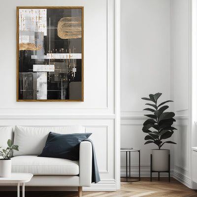 Canvas Wall Art Stretched Over Wooden Frame with Floating Frame and Black And Gold Shapes Painting CV4116 - Al Rugaib Furniture