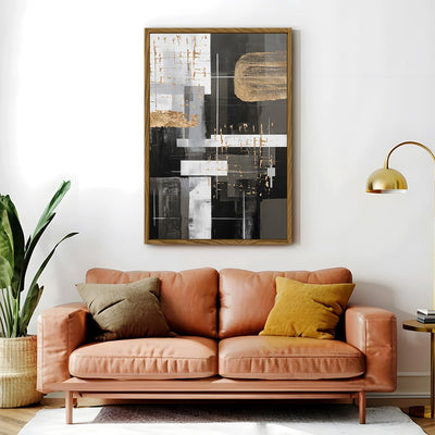 Canvas Wall Art Stretched Over Wooden Frame with Floating Frame and Black And Gold Shapes Painting CV4116 - Al Rugaib Furniture