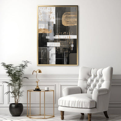 Canvas Wall Art Stretched Over Wooden Frame with Floating Frame and Black And Gold Shapes Painting CV4116 - Al Rugaib Furniture