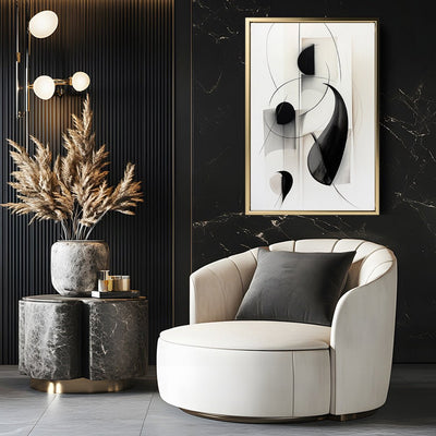 Canvas Wall Art Stretched Over Wooden Frame with Floating Frame and Black Circles Painting CV4118 - Al Rugaib Furniture