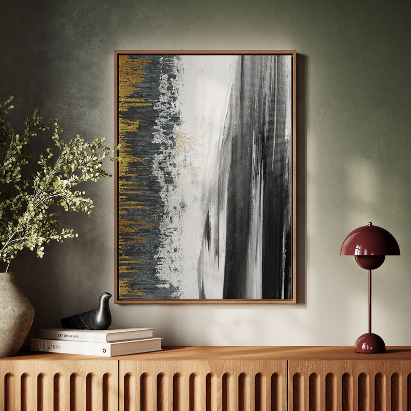 Canvas Wall Art Stretched Over Wooden Frame with Floating Frame and Black Lake Abstract Painting CV4120 - Al Rugaib Furniture
