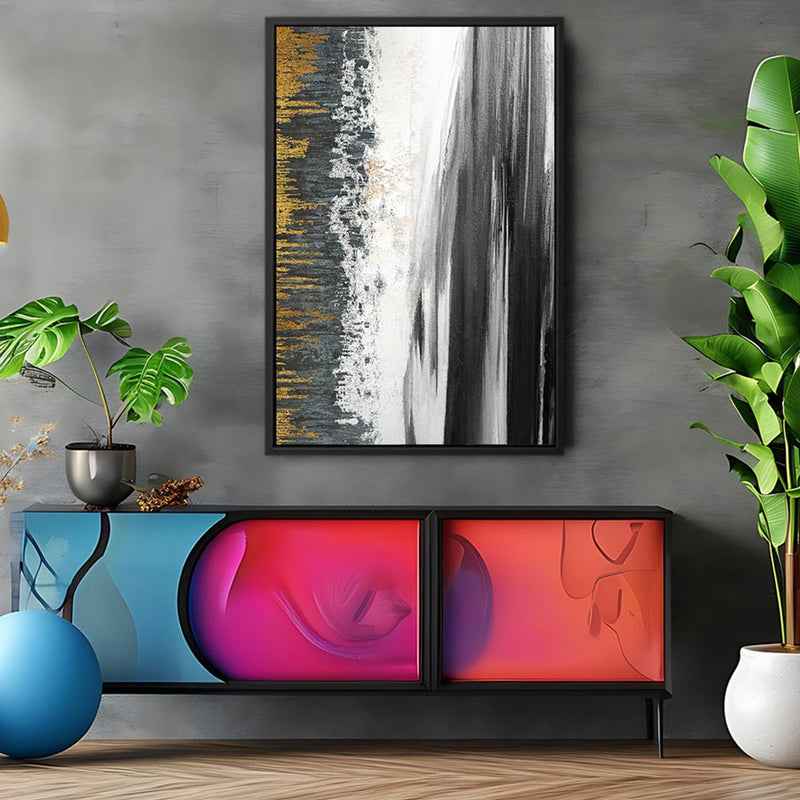 Canvas Wall Art Stretched Over Wooden Frame with Floating Frame and Black Lake Abstract Painting CV4120 - Al Rugaib Furniture
