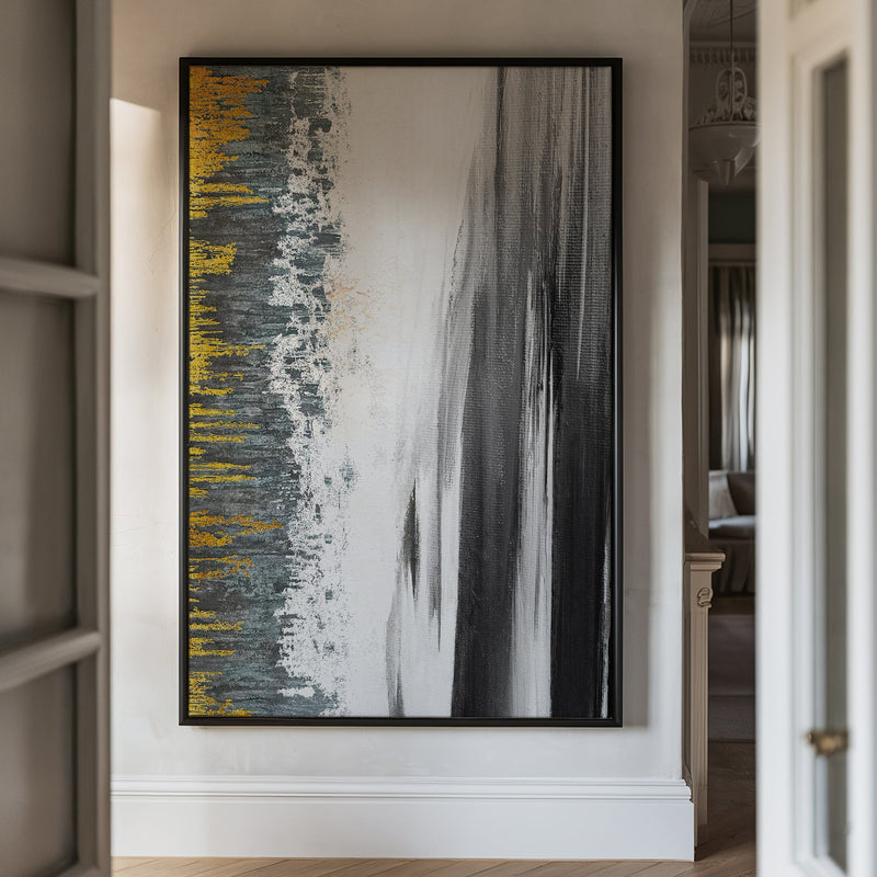 Canvas Wall Art Stretched Over Wooden Frame with Floating Frame and Black Lake Abstract Painting CV4120 - Al Rugaib Furniture