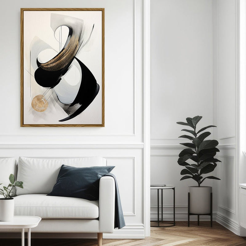 Canvas Wall Art Stretched Over Wooden Frame with Floating Frame and Black With Gold Circle Painting CV4126 - Al Rugaib Furniture